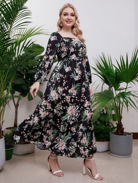 plus tropical print lantern sleeve square neck ruffle hem dress i7ii#, Black
plus tropical print lantern sleeve square neck ruffle hem dress i7ii#, Black