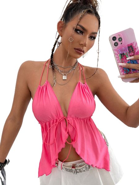 tie front asymmetrical hem backless halter x4gf#, White