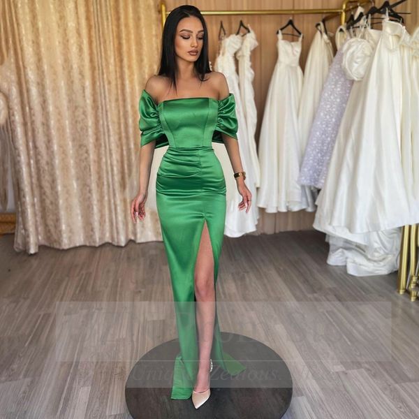 green mermaid satin prom dresses strapless off the shoulder sleeves evening gowns robe de bal high slit, Black
green mermaid satin prom dresses strapless off the shoulder sleeves evening gowns robe de bal high slit, Black