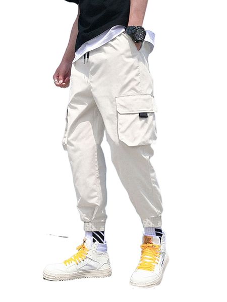 men drawstring waist cargo pants o3bn#, Black