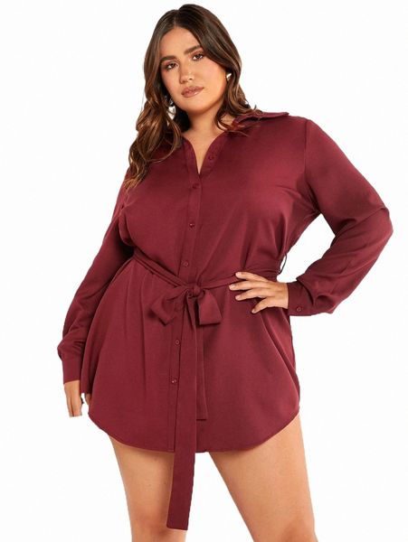evolu plus curved hem belted shirt dress j0zo#, Black