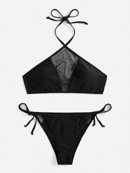 contrast mesh halter tie side bikini swimsuit s36p#, White;black 
contrast mesh halter tie side bikini swimsuit s36p#, White;black
