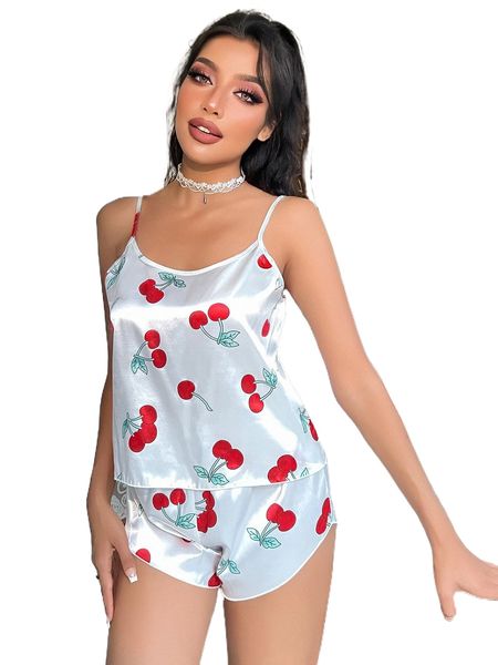 cherry print cami & shorts pj set p8br#, Black;red 
cherry print cami & shorts pj set p8br#, Black;red