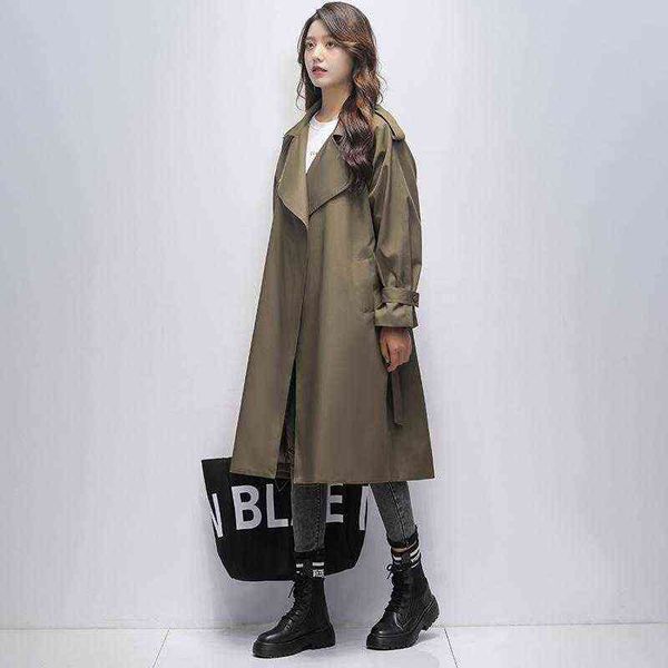 

women's trench coats coat mid-length 2021 spring and autumn loose small over-the-knee design overcoat workwear short t220809, Tan;black