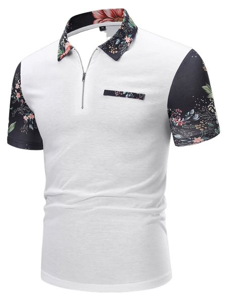 men random floral print patched detail polo shirt t61t#, White;black