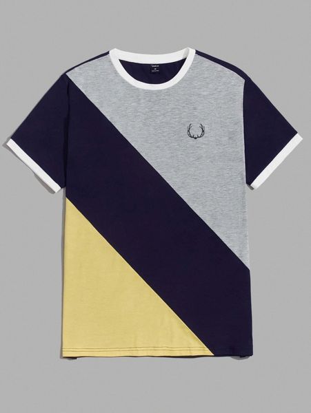 men colorblock antler print contrast binding tee m5lh#, White;black 
men colorblock antler print contrast binding tee m5lh#, White;black