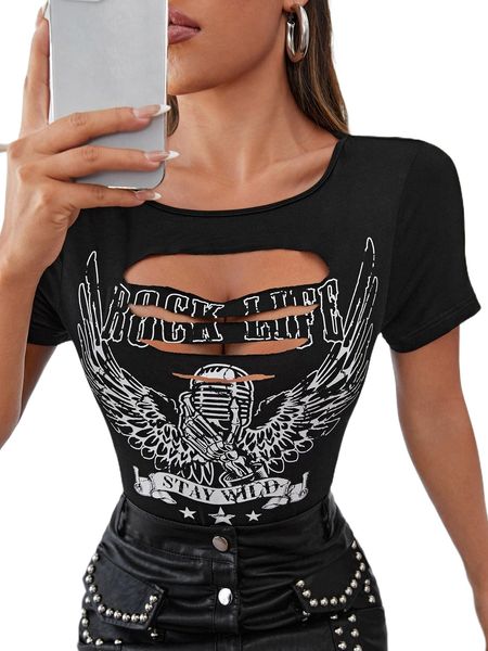 slogan graphic cut out tee b406#, White
slogan graphic cut out tee b406#, White