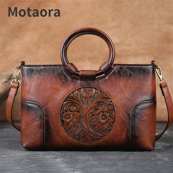leather women handbag retro handmade embossed shoulder bag for large capacity female messenger bags 220512, Black;red