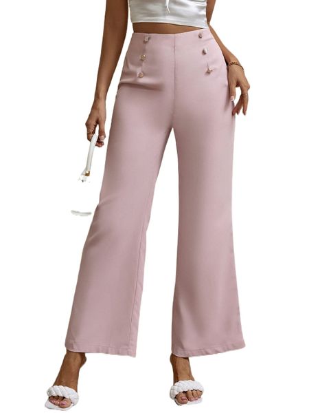 high waist fake button flare leg pants q1dz#, Black;white 
high waist fake button flare leg pants q1dz#, Black;white