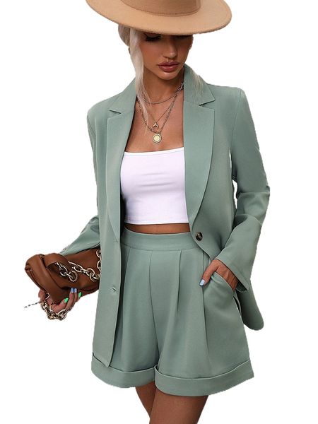 lapel collar single breasted blazer with rolled hem shorts 39b2#, White 
lapel collar single breasted blazer with rolled hem shorts 39b2#, White