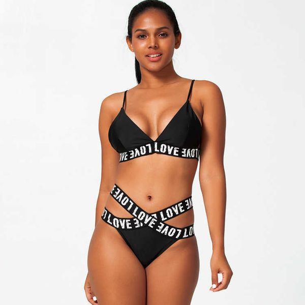 2022 new solid color letter with split bikini swimsuit sling backless triangle bijini, White;black
2022 new solid color letter with split bikini swimsuit sling backless triangle bijini, White;black