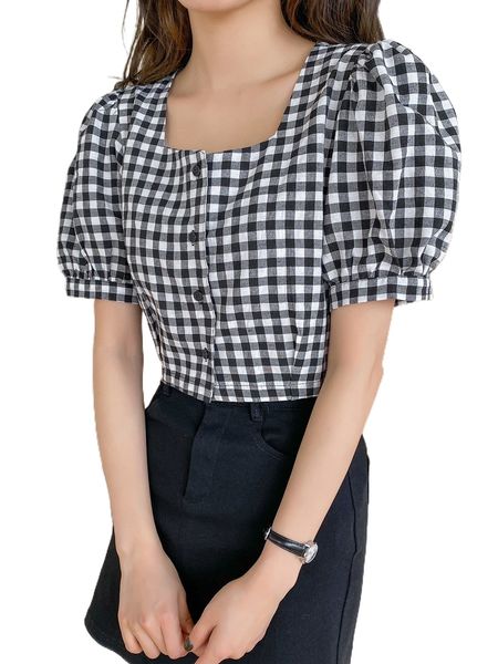 dazy gingham print puff sleeve blouse e0jv#, White
dazy gingham print puff sleeve blouse e0jv#, White