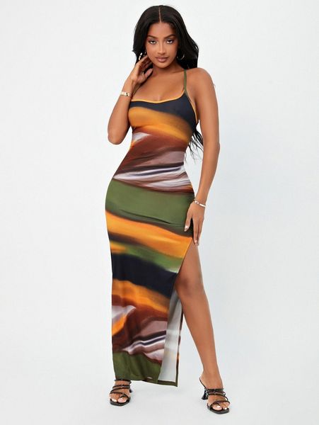 sxy tie dye criss cross backless split thigh dress w943#, Black;gray