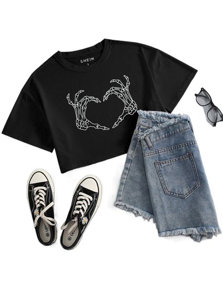 skeleton print drop shoulder crop tee y37f#, White 
skeleton print drop shoulder crop tee y37f#, White
