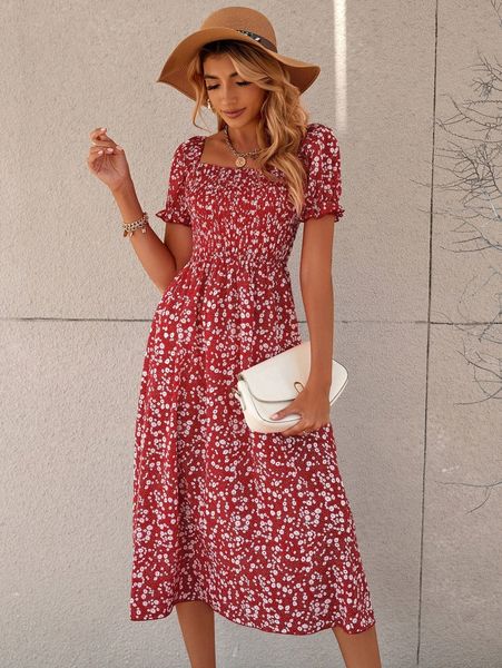 square neck ditsy floral dress l1in#, Black;gray