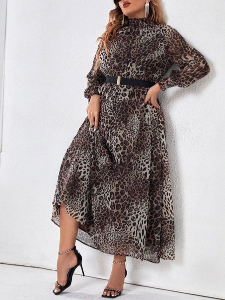 plus leopard print bishop sleeve high neck belted dress 74b5#, Black
plus leopard print bishop sleeve high neck belted dress 74b5#, Black