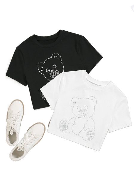 2pcs rhinestone bear pattern tee x2os#, White