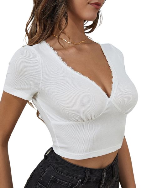 eyelash lace trim ruched crop tee g9dj#, White