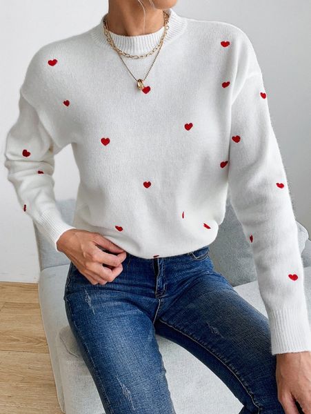 mock neck heart pattern drop shoulder sweater e5mw#, White;black