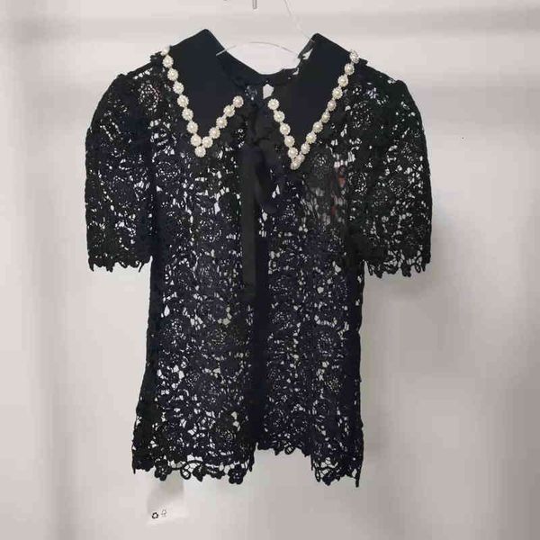 women's t-shirt sp spring and summer black lace doll collar diamond bow short sleeve hollow out top, White
women's t-shirt sp spring and summer black lace doll collar diamond bow short sleeve hollow out top, White