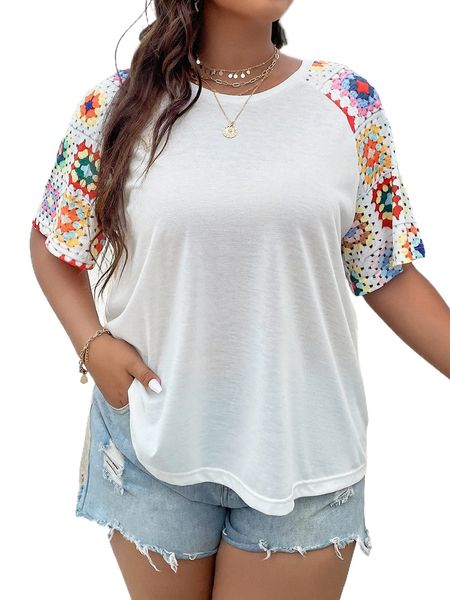 plus graphic print contrast raglan sleeve tee c6pb#, Black