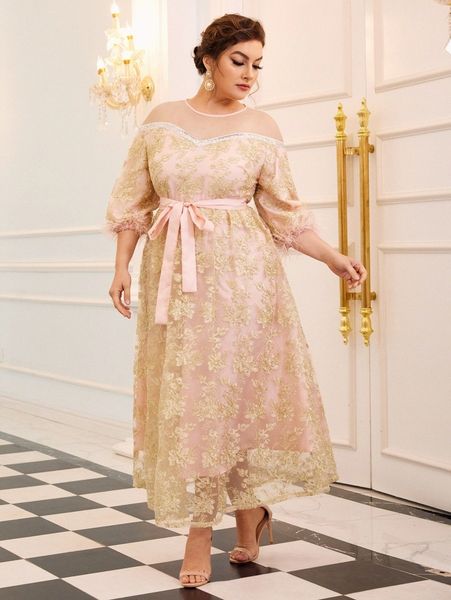 plus mesh yoke floral embroidery self belted dress u1z6#, Black 
plus mesh yoke floral embroidery self belted dress u1z6#, Black