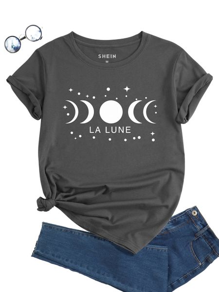 moon & letter graphic tee u8go#, White 
moon & letter graphic tee u8go#, White