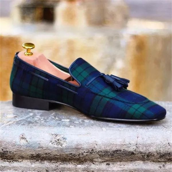 

channel new loafers men shoes canvas green plaid fashion business casual wedding party classic fringe retro gentleman cp018, White