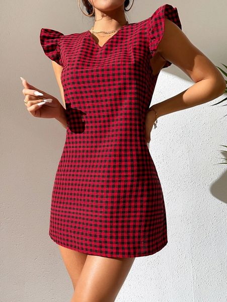 petite gingham ruffle sleeve tunic dress l1do#, Black;gray