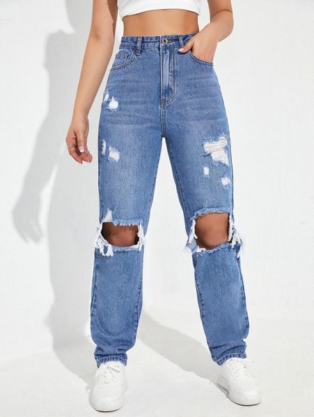 high waisted ripped jeans e5s7#, Blue