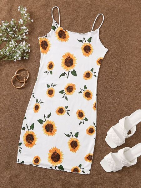 sunflower print lettuce trim bodycon dress h4jh#, Black;gray