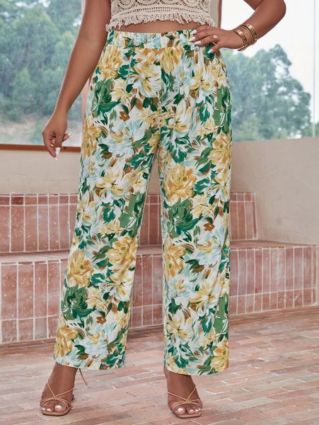 plus allover floral print pants o3dh#, Black
