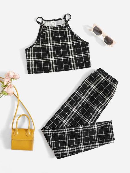 girls plaid print cami & leggings she, White 
girls plaid print cami & leggings she, White