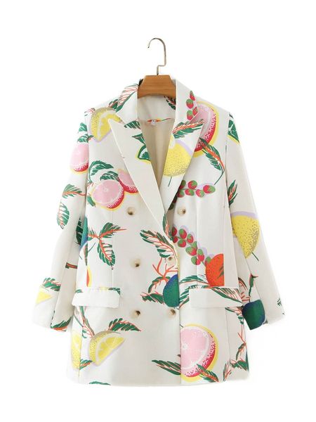 fruit print lapel collar double breasted blazer m3al#, White 
fruit print lapel collar double breasted blazer m3al#, White