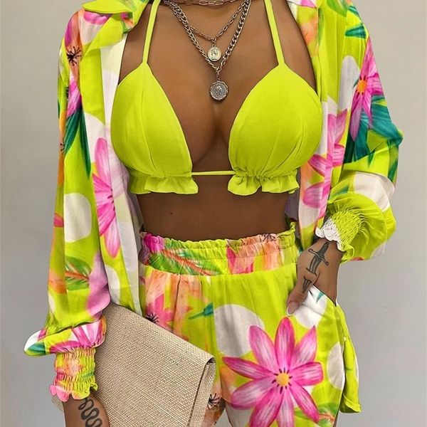 3pcs lantern sleeve shirt & floral print shorts set with crop summer beach holiday women clothings fashion green suits 220510, White
3pcs lantern sleeve shirt & floral print shorts set with crop summer beach holiday women clothings fashion green suits 220510, White