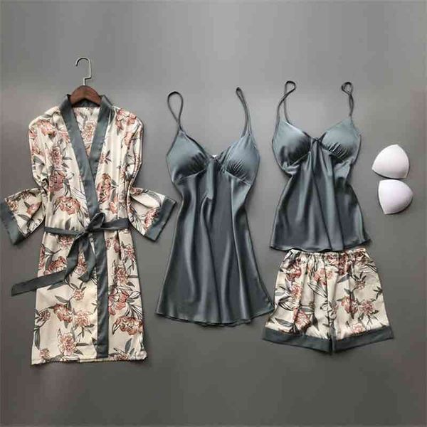 women satin pajamas sets with chest pads flower print pijama spring autumn sleepwear 4 pieces spaghetti strap silk pyjamas 210325, Black;red
women satin pajamas sets with chest pads flower print pijama spring autumn sleepwear 4 pieces spaghetti strap silk pyjamas 210325, Black;red