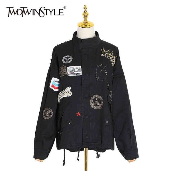 twotwinstyle casual black patchwork embroidery jacket for women lapel long sleeve black jackets female spring fashionable 210517, Black;brown
twotwinstyle casual black patchwork embroidery jacket for women lapel long sleeve black jackets female spring fashionable 210517, Black;brown