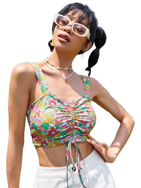 allover floral print drawstring front crop cami m7bb#, White