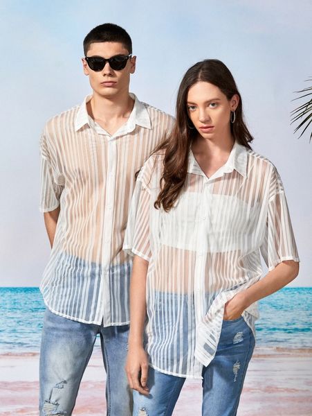 1pc striped sheer shirt e7q3#, White;black 
1pc striped sheer shirt e7q3#, White;black