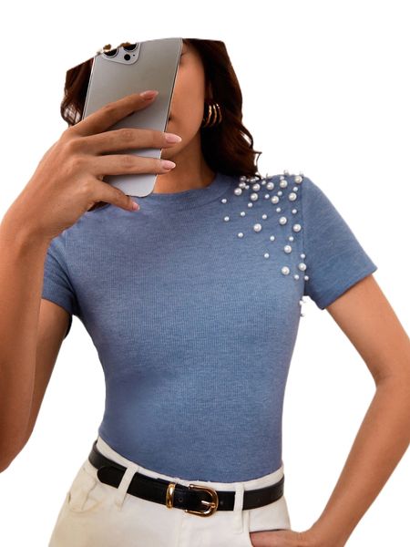 pearls beaded round neck tee 35jw#, White
pearls beaded round neck tee 35jw#, White