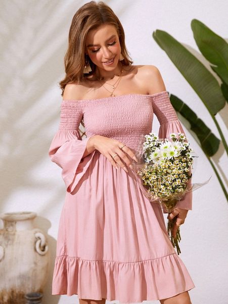 off shoulder trumpet sleeve shirred ruffle hem dress c6rt#, Black;gray
off shoulder trumpet sleeve shirred ruffle hem dress c6rt#, Black;gray