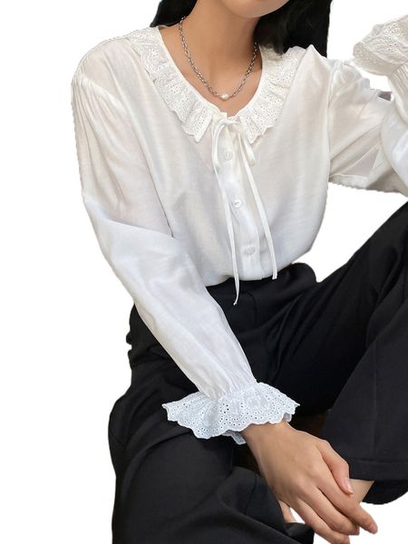 dazy eyelet embroidery knot front ruffle trim flounce sleeve blouse k5lp#, White
dazy eyelet embroidery knot front ruffle trim flounce sleeve blouse k5lp#, White