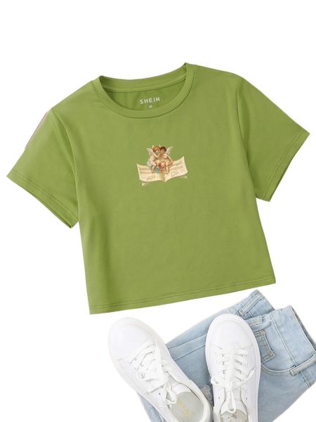 figure graphic round neck tee k7zx#, White