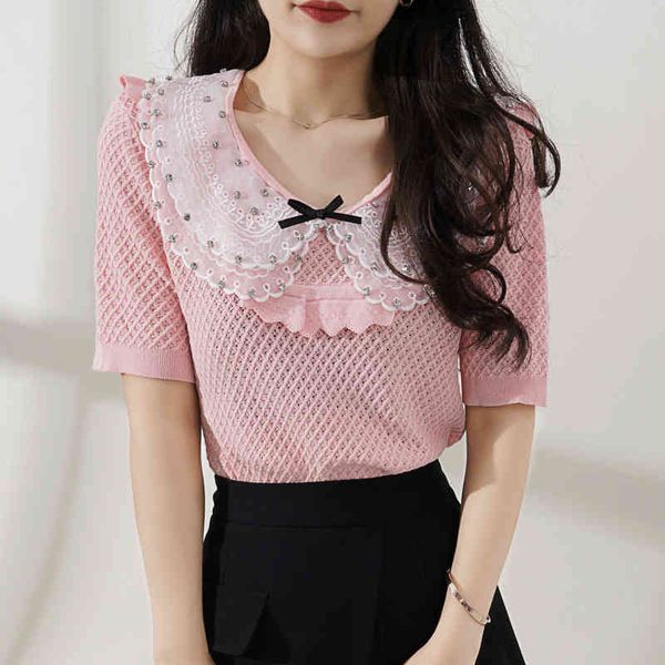 women's hoodies sweatshirts summer lace doll collar heavy industry drill bow thin short sleeve pink sweater blouse women glhk, Black
women's hoodies sweatshirts summer lace doll collar heavy industry drill bow thin short sleeve pink sweater blouse women glhk, Black