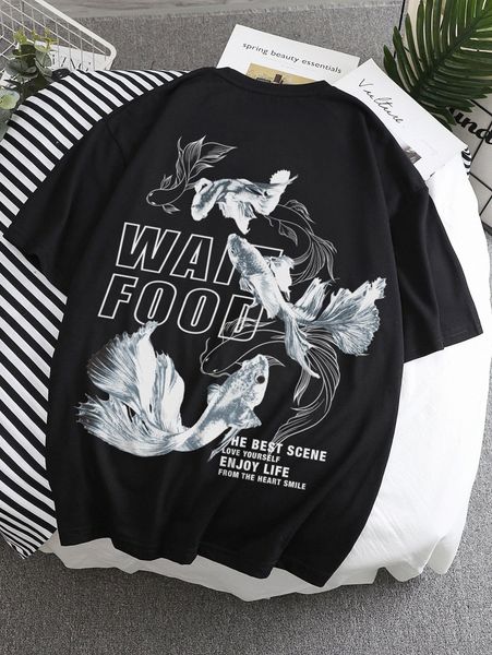 men slogan & fish print tee h82t#, White;black
men slogan & fish print tee h82t#, White;black