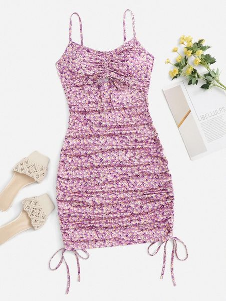 cut out drawstring knot front ditsy floral slip dress l5qy#, Black;gray 
cut out drawstring knot front ditsy floral slip dress l5qy#, Black;gray