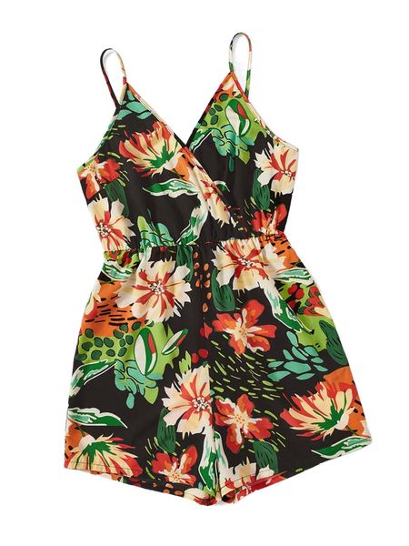tropical print overlap collar cami romper o6eq#, Black;white