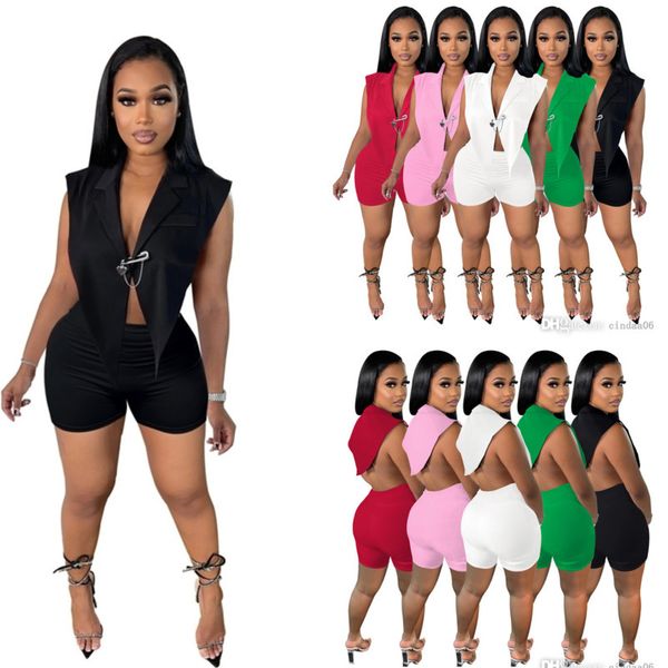 womens tracksuits designers clothes summer two piece outfits sleeveless blazer shorts suit including brooch ladies sportwear, Gray
womens tracksuits designers clothes summer two piece outfits sleeveless blazer shorts suit including brooch ladies sportwear, Gray