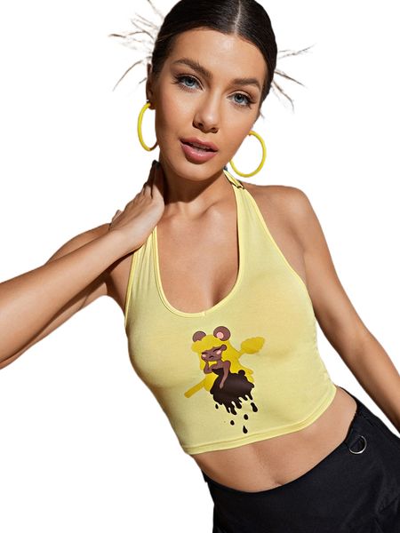 x squid house figure graphic backless crop halter x0x8#, White
