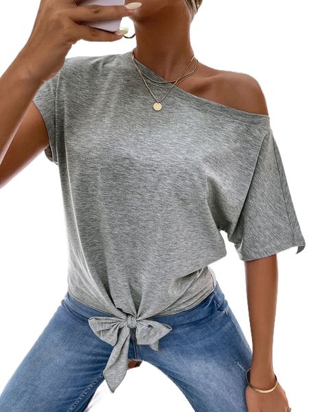 asymmetrical neck tie front tee n5p2#, White
asymmetrical neck tie front tee n5p2#, White